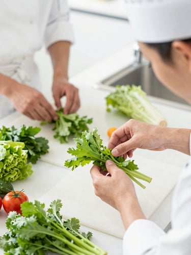 Overhead shot of professional culinary team prepping fresh organic vegetables in a bright, high-key Boise kitchen, soft natural light, shallow depth of field