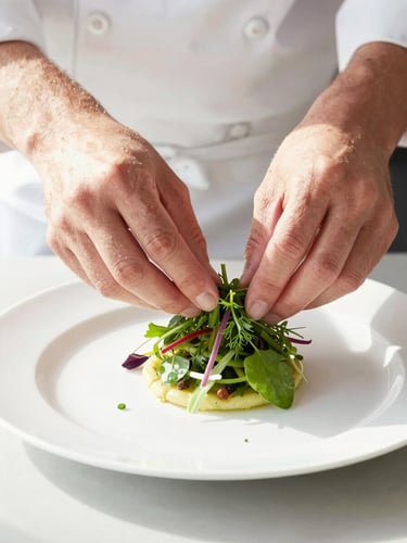 Close-up of chef hands carefully arranging vibrant fresh herbs on a clean plated dish in a sunlit Boise kitchen, bright high-key lighting, soft natural daylight, shallow depth of field