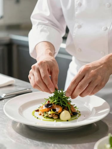 Medium shot of a clean, bright professional kitchen with stainless steel counters, a chef in clean white uniform placing fresh herbs on a beautifully plated dish, natural daylight
