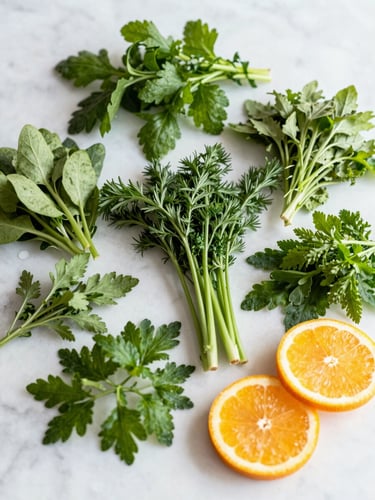 Overhead shot of vibrant fresh culinary herbs and sliced citrus on a clean marble prep counter, bright high-key lighting, soft natural daylight, crisp focus