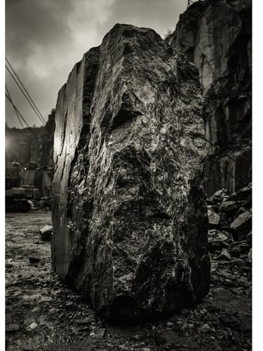 Dramatic architectural perspective of a massive black granite block in a quarry, sharp focus, low-key side-lighting highlighting the raw crystalline texture, medium format film.