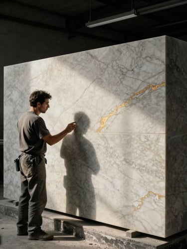 A craftsman in a dust-filled atelier inspecting a large marble block under dramatic side lighting, industrial precision
