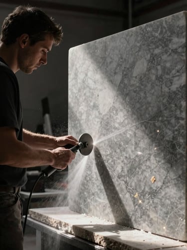 A craftsman in a dark workshop using precision machinery to cut a massive block of grey marble, dramatic side-lighting, focus on the cutting blade and water spray