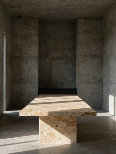 Symmetrical architectural interior of a luxury design studio, raw concrete walls, warm travertine table, dramatic sunlight with deep shadows, Hasselblad style