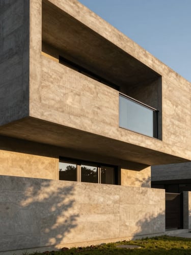 Hasselblad medium format architectural shot of a brutalist concrete residence at golden hour, dramatic natural light and deep shadows, clean lines, warm travertine accents, high-end luxury styling