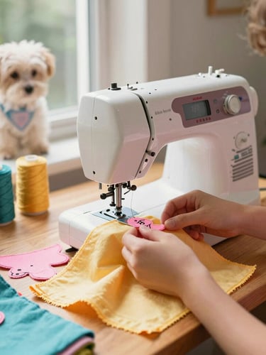 A family workshop with colorful fabrics, sewing machine on a wooden table, warm daylight shining through a window, hands carefully cutting a small pink textile pattern