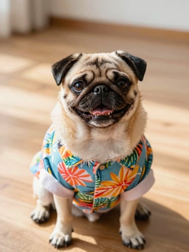 A happy small pug wearing a colorful tropical shirt, sitting on a sunlit wooden floor, warm natural daylight, eye-level portrait, soft focus background