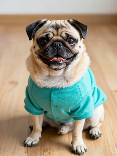 A happy pug sitting comfortably on a sunny wooden floor, wearing a custom-fit colorful turquoise shirt, warm natural daylight, eye-level pet portrait, soft focus background, 35mm