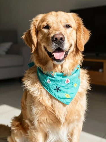 A happy golden retriever sitting indoors in bright daylight, wearing a colorful handmade turquoise bandanna, eye-level shot, warm 35mm photography