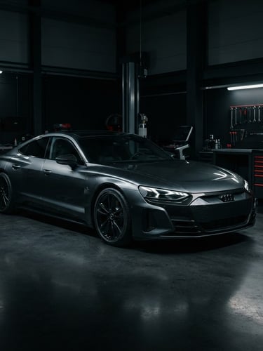 Wide shot of a modern European car (Audi, BMW, Volvo) in a clean, high-tech workshop bay, under dramatic low-key lighting, sharp focus on the car's lines, deep charcoal and black tones, red accents visible on tools or equipment, cinematic automotive photography, 50mm.