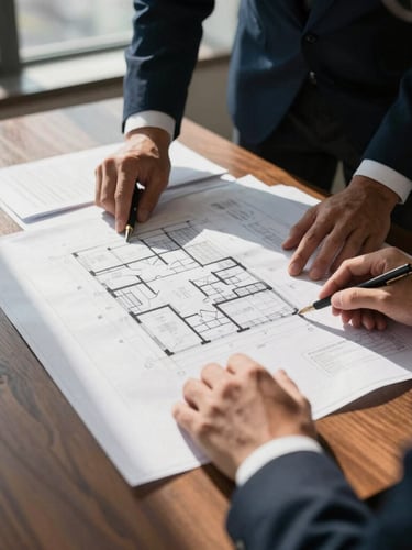 Close-up of executive hands reviewing architectural blueprints and legal documents on a dark wooden table, sharp natural window light, dramatic shadows