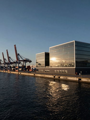 Wide-angle architectural lens capture of a modern industrial port at sunset, deep navy water, high-contrast natural daylight, dramatic shadows
