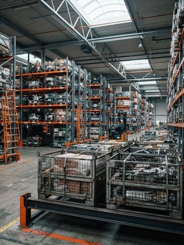 Industrial warehouse bay with organized high-density steel racking, cool overcast daylight filtering through skylights, sharp focus on heavy-duty metal pallets, desaturated steel tones with safety orange accents.