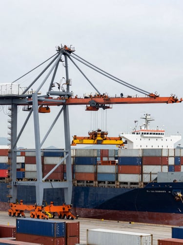 Wide-angle overhead view of an organized container shipping terminal, massive crane loading cargo ship under cool overcast daylight, steel gray and safety orange tones.