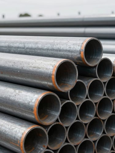 Close-up of stacked industrial steel pipes and raw metal components in a cool-toned warehouse, sharp focus, desaturated tones.