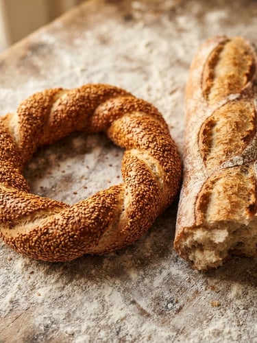 Overhead macro shot of fresh simit bread with golden sesame seeds and a crusty French baguette on a flour-dusted wooden table, warm side window light.