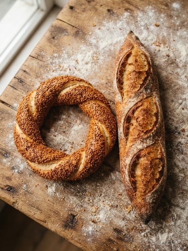 Overhead shot of freshly baked golden simit covered in sesame seeds next to a crusty French baguette on a flour-dusted wooden table, warm side window light, macro 50mm.