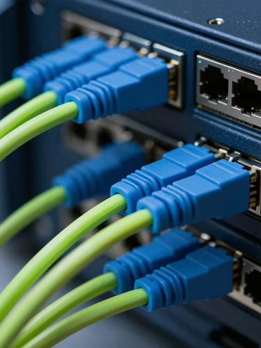 Macro shot of high-density network hardware ports with clean blue and neon green fiber optic cabling, sharp focus, dark technical photography style
