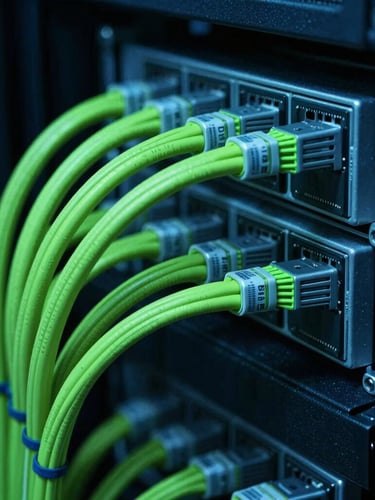 Close-up of server rack cabling with clean cable management, deep shadows and sharp neon green highlights, 35mm