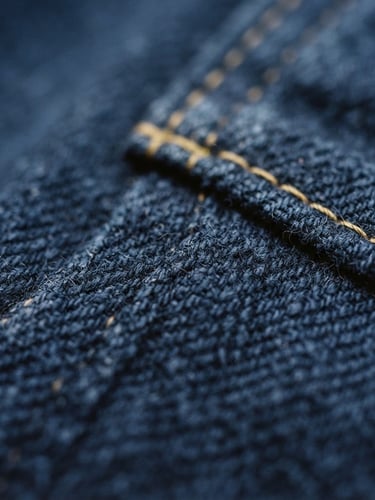 Close-up of heavy-weight navy cotton fabric texture, soft overcast daylight, editorial fashion photography style