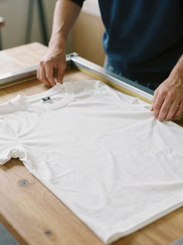 Hands aligning a screen-printing frame over a heavy-weight white cotton t-shirt on a wooden workshop table, soft natural studio light
