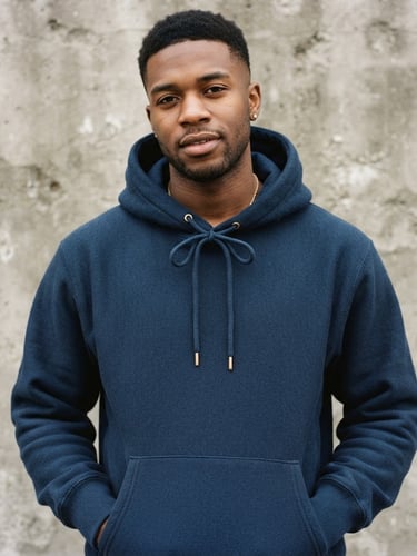 Medium-close crop of a heavy-weight navy hoodie on a model standing against a raw concrete Dearborn wall, overcast daylight emphasizing the thick fabric texture