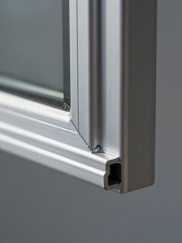Extreme macro close-up of an aluminium window corner joint, framed tight from the right edge, studio side-lighting raking across the mitre weld to reveal profile depth and surface precision, powder-coat finish texture sharply resolved, no softening or atmospheric blur, industrial grey background