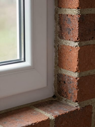 Macro detail shot of a UPVC window frame corner joint installed in a UK brick masonry reveal, north-facing daylight entering from the left, mortar line and brick coursing visible at the frame perimeter, gasket compression line sharp and in focus, no people, no lifestyle staging, absolute geometric clarity