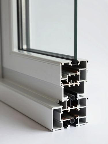 Wide elevation view of an aluminium window profile section laid flat on a white studio surface, north-facing diffuse daylight from the left, the full frame depth and internal chamber geometry visible in cross-section, gasket grooves and thermal break polyamide strip clearly resolved, no hands, no staging, absolute geometric clarity