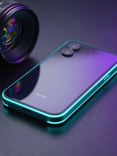 Angled perspective shot of physical Android hardware lying on a dark metallic surface, neon cyan rim lights reflecting off glass, 35mm lens