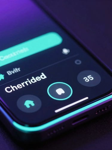 Extreme close-up of a high-fidelity custom Android UI running on a physical device, vibrant neon cyan rim lighting reflecting on dark glass, sharp macro focus, 35mm lens