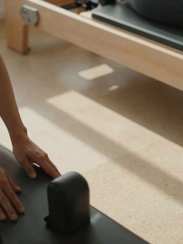 Close-up of a pilates instructor's hands gently adjusting a client's posture on a reformer, soft morning light casting long shadows on warm travertine stone floors, 35mm photography.
