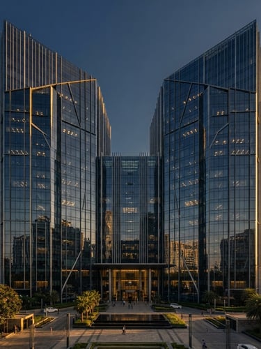 Symmetrical wide-angle architectural exterior of a modern glass office skyscraper in Delhi NCR, crisp golden-hour lighting, deep navy reflections, professional photography