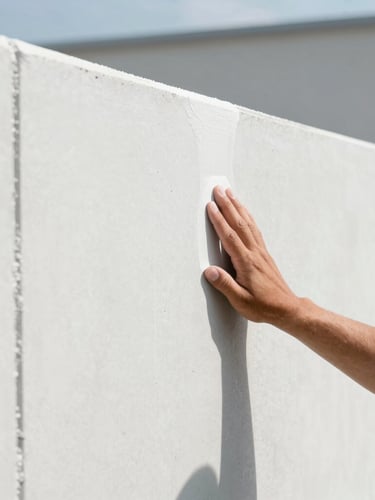 Close-up of a worker's hand running over the extremely smooth, paint-ready surface of a white Citikon lightweight concrete wall panel, bright natural daylight, clean architectural lines, 35mm lens.