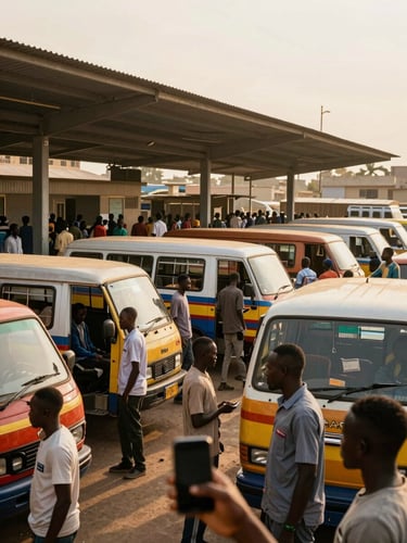 Wide environmental shot of a busy urban minibus terminal in West Africa, late-afternoon natural light, commuters standing near colourful trotro vans with open doors, a hand holding a smartphone visible in the foreground, motion and energy in the crowd, warm golden-hour glow across the scene