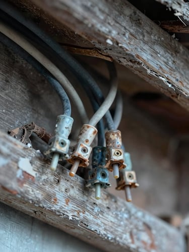 Close-up overhead shot of deteriorated consumer unit wiring inside a holiday cottage, multiple bare wire ends and corroded terminals visible under cool north-facing daylight, no hands or people, forensic documentary framing