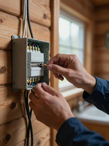 Close-up of an inspector's hands testing an electrical junction box inside a holiday cottage, fingers tracing deteriorated wiring against a timber wall, cool north-facing daylight from a small window, shallow depth of field with the background interior slightly out of focus