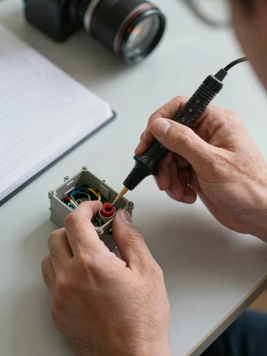 Close-up overhead shot of an inspector's hands holding a electrical testing probe against a junction box, natural north-facing daylight illuminating the wiring detail, a worn notepad resting on the surface beside the equipment
