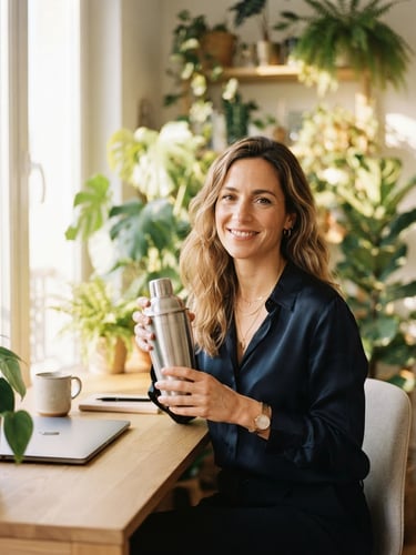 A professional French woman in a sunlit modern home office, botanical plants in background, holding a clean shaker cup, elegant editorial 35mm photography, soft gold light, shallow depth of field
