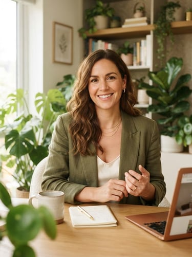 Bright editorial portrait of a confident wellness entrepreneur in a sunlit, modern home office, soft botanical green tones, shallow depth of field, 35mm