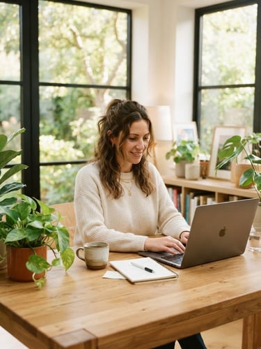 Bright editorial photography, natural daylight, a modern light-filled home office with large windows, green plants on a wooden desk, a woman working on a laptop, 35mm, soft golden tones.