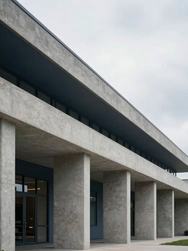Overcast exterior of a modern architectural senior living facility with clean concrete lines and soft shadows.
