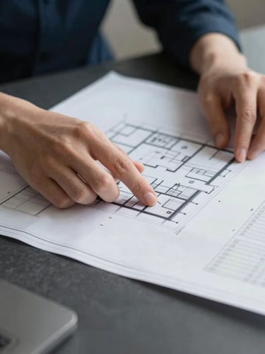 Close-up of hands analyzing architectural blueprints and financial spreadsheets on a dark slate desk.