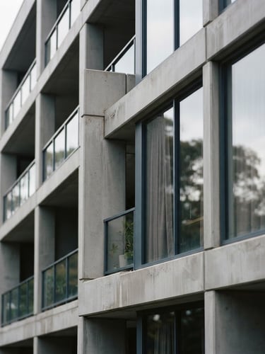 A tight, high-contrast architectural crop of a modern senior living facility facade, soft overcast daylight, clean concrete lines and glass reflections, muted slate tones, shallow depth of field, 35mm
