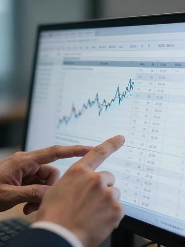 Close-up macro shot of hands analyzing complex financial models and spreadsheets on a screen in a dimly lit boardroom, soft blue light from the monitor, shallow depth of field, professional corporate setting