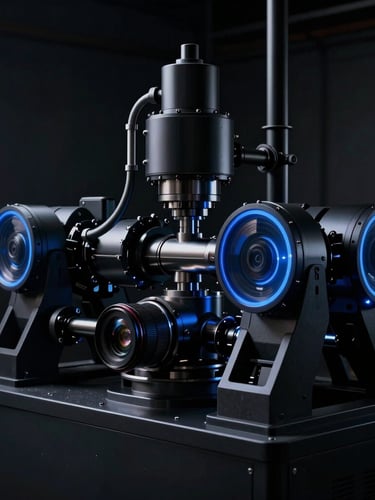 Cinematic dark-mode photography of heavy automated industrial machinery in motion, dramatic low-key studio lighting with sharp blue rim-lights, high contrast, 50mm lens