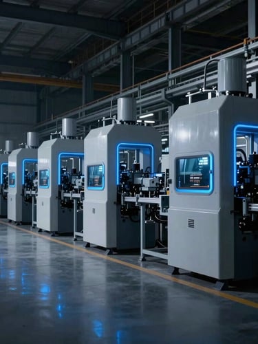 Wide cinematic view of high-tech industrial machinery in motion, blue light accents, clean factory floor, low horizon, expansive industrial scale.