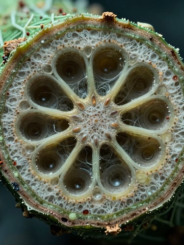 Scientific macro photography of a cross-section of a plant stem showing vascular bundles under a microscope, cool green and brown tones, high-contrast scientific detail.