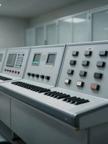 Sharp industrial photography of a technical control room, cool daylight, desaturated steel and slate tones, deep depth of field, architectural framing