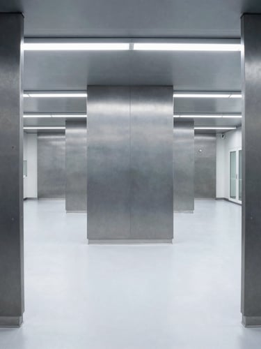 Wide geometric environmental shot of a modern clean-room manufacturing facility, pristine white floors, precise overhead lighting, desaturated steel and slate tones